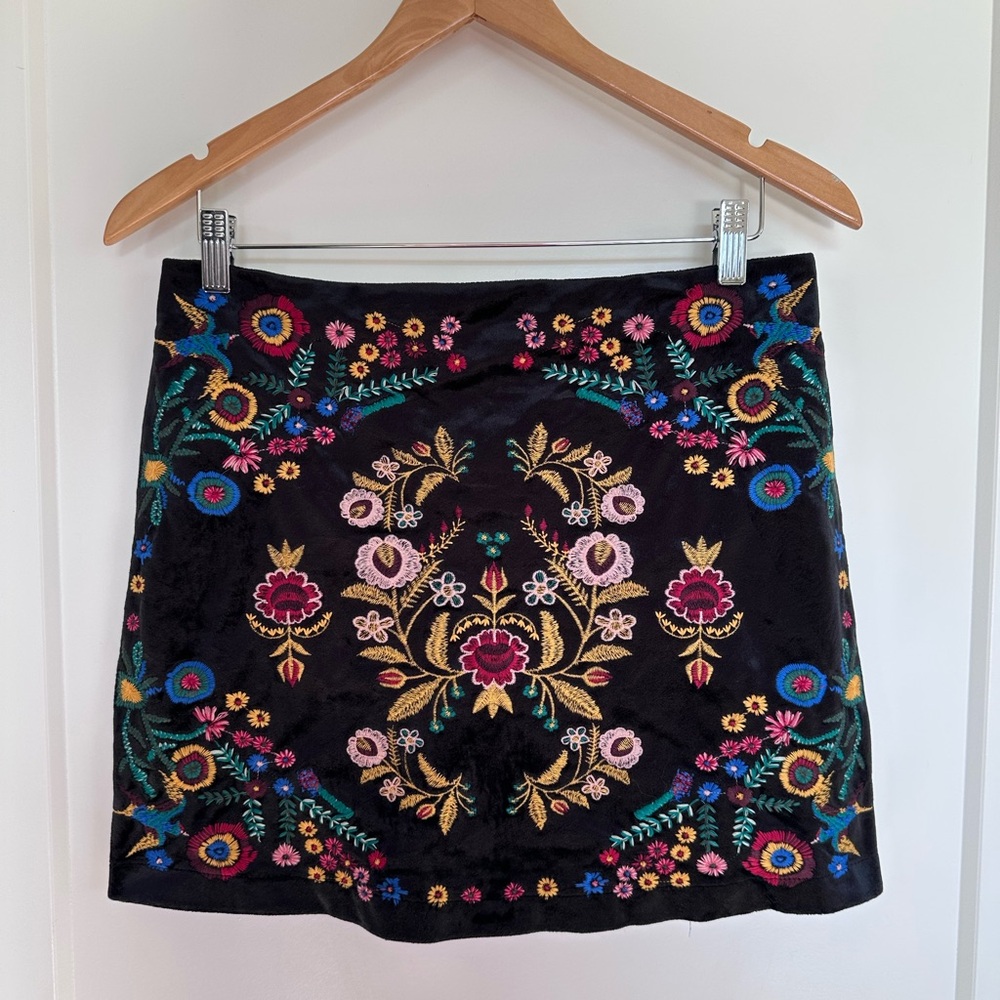 Umgee Black Skirt with Colorful Floral Embroidery Size M